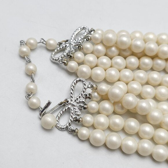 Vintage Multi-Strand Faux Pearl Necklace With Silver-Tone Bow Clasps Japan - Picture 5 of 7